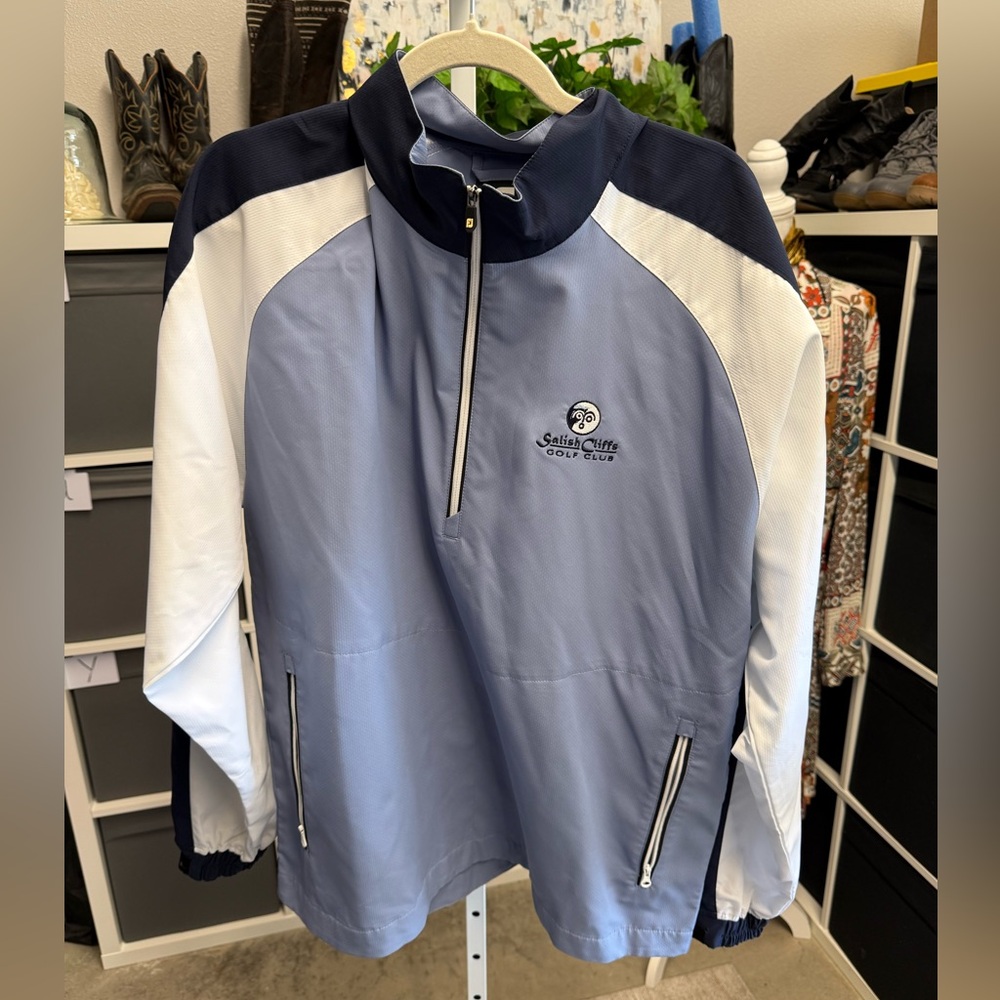 FJ FootJoy Men's Blue and White Salish Cliffs Golf Zephyr Wind Shirt Jacket
